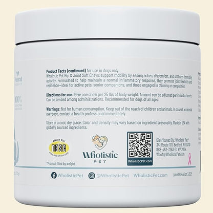 Wholistic Pet Hip & Joint Supplement for Dogs - MSM, Glucosamine, Chondroitin for Dogs - Dog Joint Supplement for Support & Relief from Discomfort - Bacon - 90 Mobility Chews