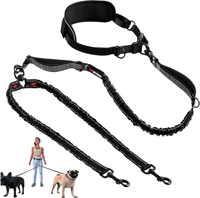 Tuff Pupper Heavy Duty Hands Free Dog Leash | Two Small/Medium Dogs Up to 90 lbs | Comfortable Shock Absorbing Bungee | Reflective Padded Handles | Lumbar Waist Belt 26-38" | Jogging Running Leash