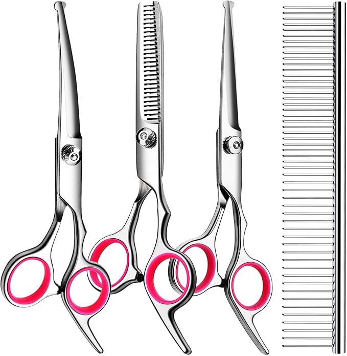 TINMARDA 5 in1 Dog Grooming Scissors Kit, Professional Dog Scissors for Grooming with Safety Round Tips, Titanium Coated Grooming Shears for Dogs Cat Pet At Home