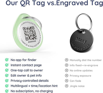 QR Code Dog Tag and Cat Tag, Scan to Reunite Faster, Waterproof and Durable, Lightweight and Quiet, Updatable Contact Info, Glow-in-The-Dark Green