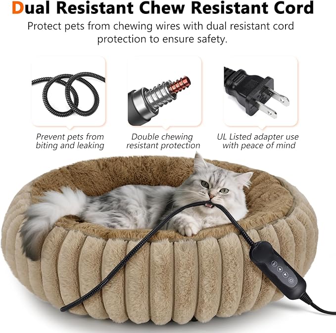 INVENHO Heated Cat Beds for Indoor Cats and Small Dogs, 20" Cozy Donut Heated Pet Bed with Timer & Temp Adjustable, Removable Waterproof Electric Warming Bed for Indoor Cat