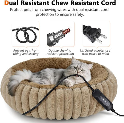 INVENHO Heated Cat Beds for Indoor Cats and Small Dogs, 20" Cozy Donut Heated Pet Bed with Timer & Temp Adjustable, Removable Waterproof Electric Warming Bed for Indoor Cat
