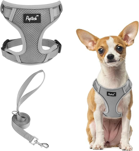 PUPTECK Small Dog Harness and Leash Set, No Pull Adjustable Puppy Cat Harness, Reflective Soft Mesh Pet Vest Small Sized, Grey, XS