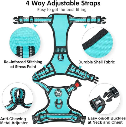 PoyPet No Pull Dog Harness, [Release at Neck] Reflective Adjustable No Choke Pet Vest with Front & Back 2 Leash Attachments(Mint Blue,M)
