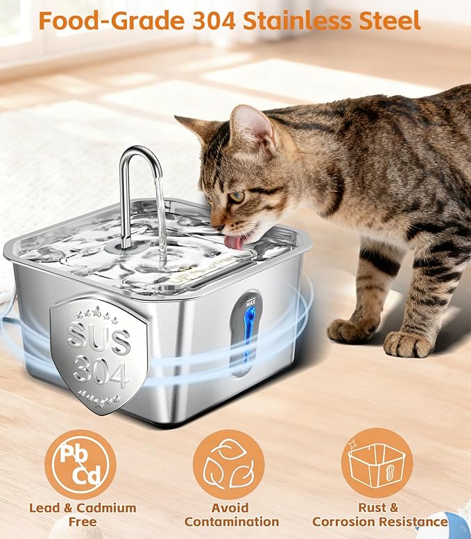 UPAWPIA 4L/135oz Large Cat Water Fountain Stainless Steel with 4 Filters Pet Water Fountain for Cats Quiet Indoor Pets Dog Small Animal Automatic Dog Water Dispenser for Drinking Watering Supplies