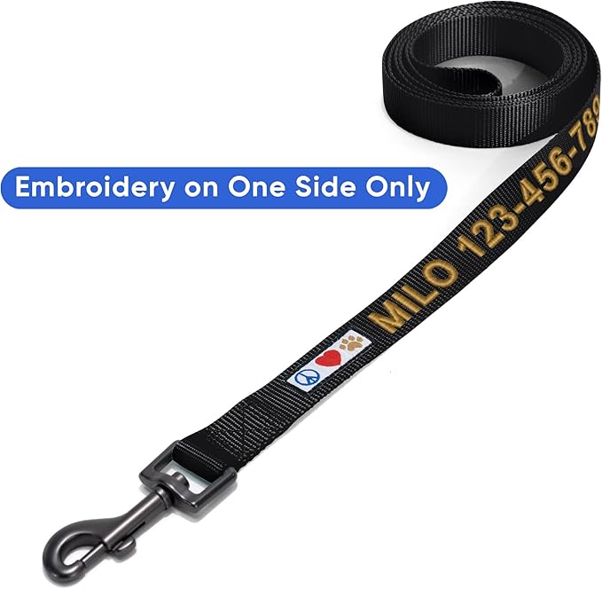 Pawtitas Personalized 6 ft Black Dog Leash XXS/Cat Custom Name and Phone Embroidery Strong Nylon Leash for Small Breeds