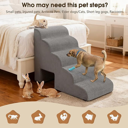 MALOROY Dog Stairs for High Beds 20-24 inches Tall, 5-Step Dog Steps for Bed for Small Dogs, Doggie Ramp for Bed, 30D Foam Pet Stairs for Old Dogs/Cats for Bedsides Climbing, Free-Installation, Grey