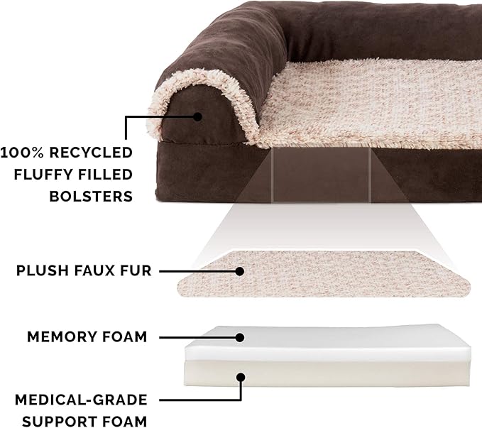 Furhaven Memory Foam Dog Bed for Large/Medium Dogs w/ Removable Bolsters & Washable Cover, For Dogs Up to 55 lbs - Two-Tone Plush Faux Fur & Suede L Shaped Chaise - Espresso, Large