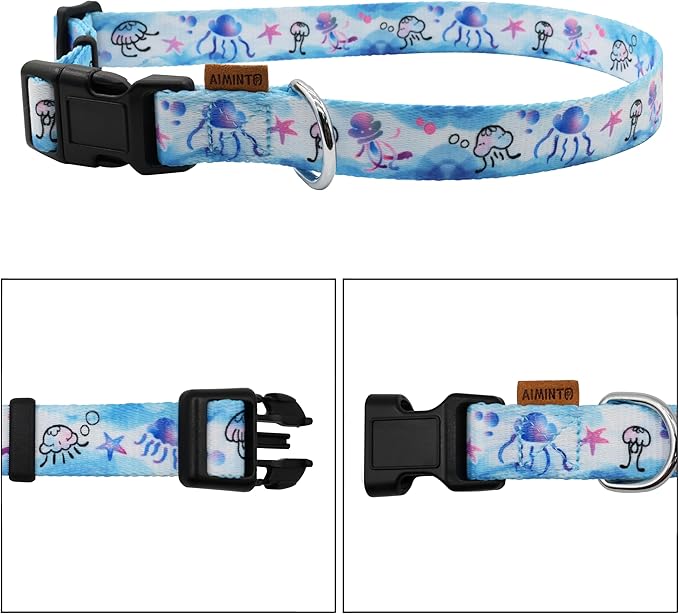 Dog Collar, Cute Jellyfish in Ocean Pattern, Soft and Adjustable Collar with Quick Release Buckle (M (Neck 14-24", Width 3/4"), Ocean Blue)