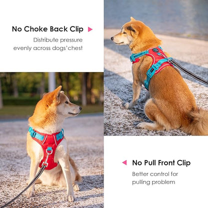 PHOEPET No Pull Dog Harness, Unique Colors Reflective Adjustable Dog Vest, with Soft Training Handle Metal Clips for Small Medium Large Dogs (Red Base & Teal Straps,XS)