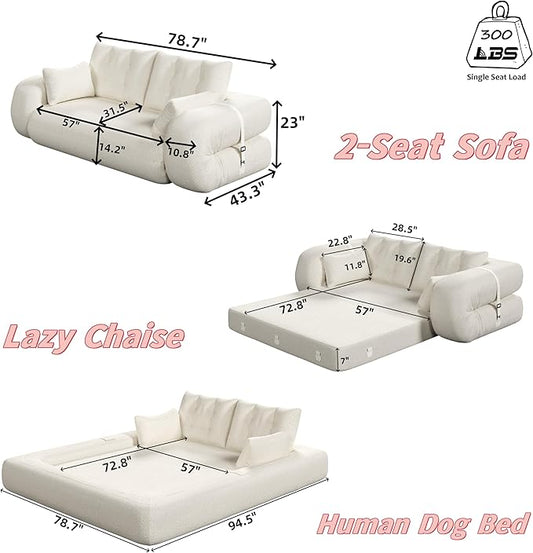 KEIKI 78.7" Foldable Human Dog Bed – 3-in-1 Multi-Functional Sofa Bed, Foam-Filled Teddy Fabric Sleeper for Living Room, Guest Room, or Playroom – Pink