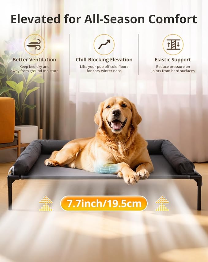 Cooling Elevated Dog Bed, 30x41.8 Raised Dog Bed with Removable Bolster Cushion, Breathable Mesh, Non-Slip Feet, and Metal Frame for Large Breeds Indoor Outdoor