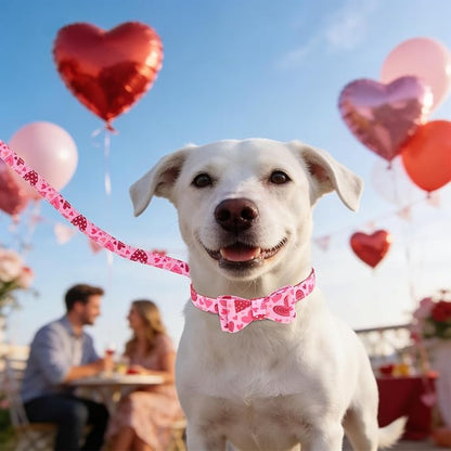 KOOLTAIL Valentine’s Day Dog Collar and Leash Set with Bowtie and Bells,Cute Puppy Bandana Collar and Leash for Girl with Pink Heart Pattern,Soft Leather Tangle Free Leashes for Small Dogs,Cats