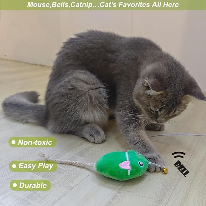 URMYONLY Interactive Cat Toy Wand with Catnip Mouse, Cat Teaser Wand Rainbow String for Bored Indoor Adult Cats and Kittens (2 Pack Mouse)