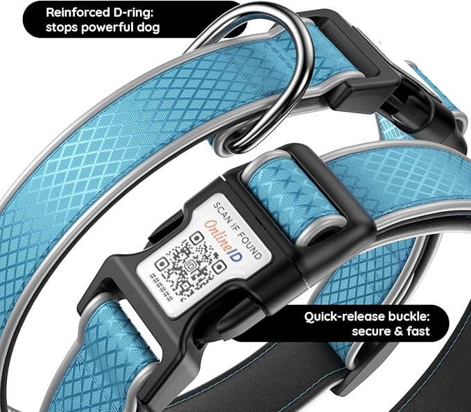 Reflective Dog Collar with Waterproof Airtag Holder & Anti-Lost QR Code | Ultra-Durable | Soft Padded | Safety Locking Buckle | Fit Small Dogs (Blue S(9.8"-15.7"))