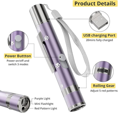 Cat Toy, 2 Pieces, Distinctive Purple Painted Metal Casing with Paw Print Design, Rechargeable, 3 Light Modes & 5 Adjustable Patterns, Interactive Chase Toy for Indoor Cats Training & Exercise