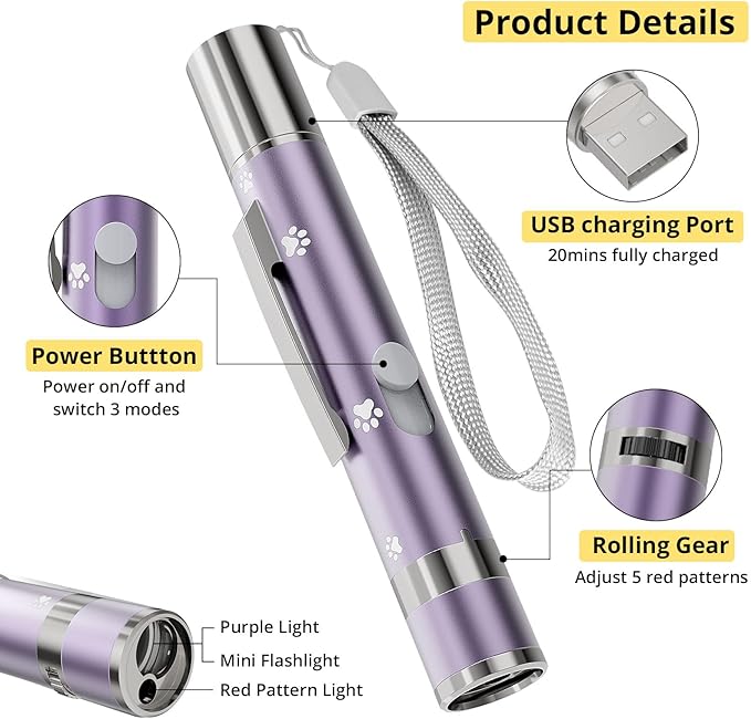 Cat Toy, Distinctive Purple Painted Metal Casing with Paw Print Design, USB Rechargeable, 3 Light Modes & 5 Adjustable Patterns, Interactive Chase Toy for Indoor Cats & Dogs Training & Exercise