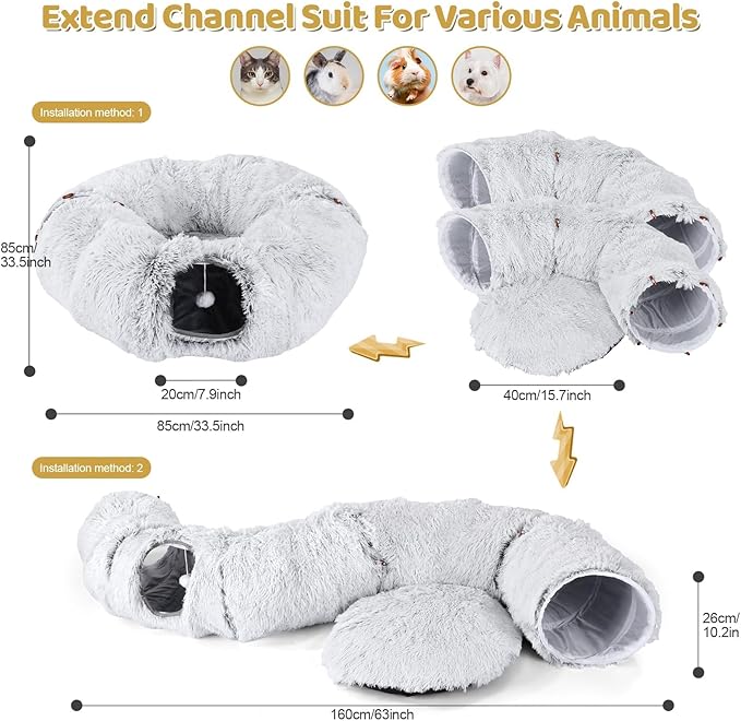 Cat Tunnel with Cat Bed for Indoor Cats, Under Christmas Tree Soft Plush Peekaboo Cat Cave Donut Tunnel, Multifunctional Playground Toys Hideplace for Kittens, Rabbit, Ferret