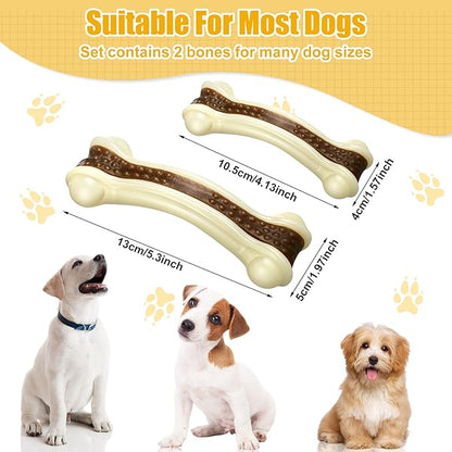 Sosation Bones Shaped Dog Toys for Aggressive Chewers, 2 Pack Christmas Dog Chew Toys Puppy Teething Nylon Beef Flavor for Large/Medium/Small Puppies Breeds(Curved Bone,Medium, Small)