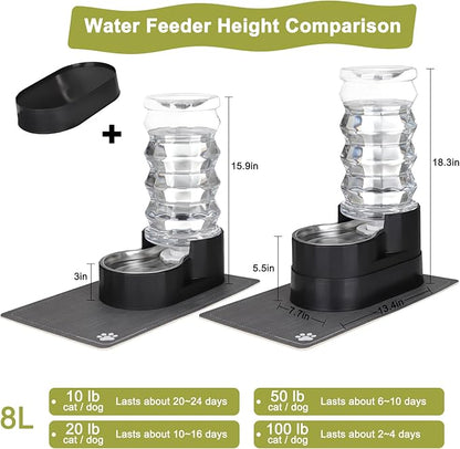 RIZZARI Large Water Dispenser for Dogs: 8L Raised Gravity Black Automatic Stainless Steel Waterer with Specialized Brush and Triple Filter for Senior Dogs - Good for Spine - in Bedroom Garden