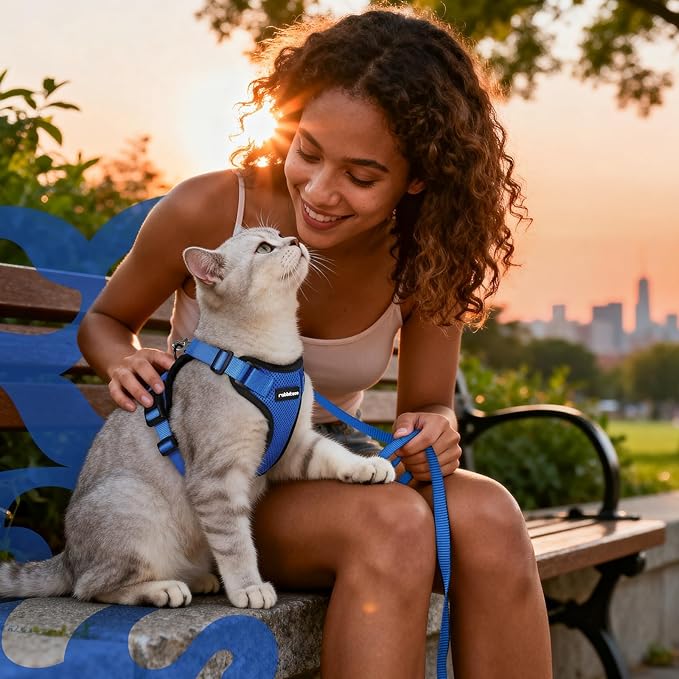 rabbitgoo Cat Harness and Leash for Walking, Escape Proof Soft Adjustable Vest Harnesses for Cats, Easy Control Breathable Reflective Strips Jacket, Navy Blue, S