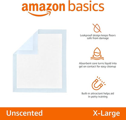 Amazon Basics Puppy Pads with Quick-Dry 5-Layer Leak-Proof Design for Potty Training, X-Large Size 28 x 34 Inch, Pack of 40, Blue & White