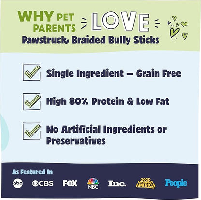 Pawstruck Natural 9” Braided Bully Sticks for Dogs - Tough, Long-Lasting, Rawhide-Free, Low Odor, Healthy Single Ingredient Chew Treat for Aggressive Chewers - 10 Count - Packaging May Vary