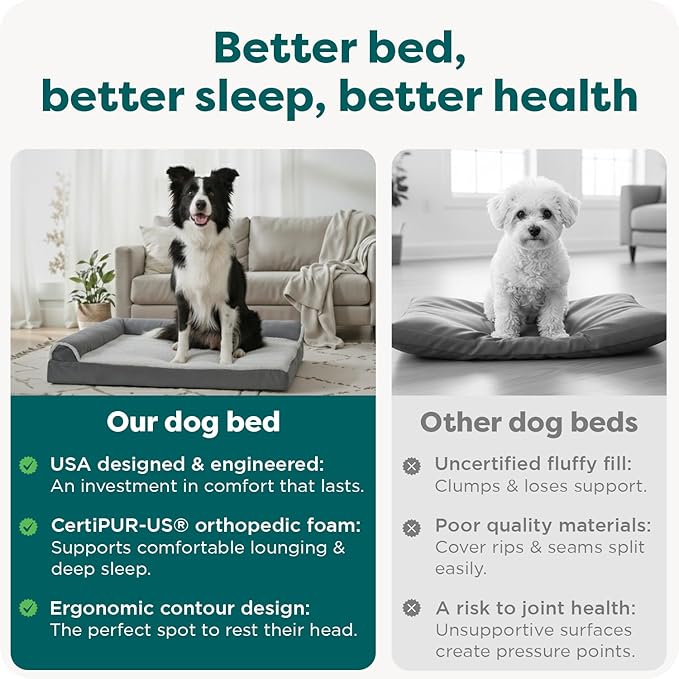 FurHaven Orthopedic Dog Bed for Large Dogs, L-Shaped Chaise Contour with Orthopedic Egg Crate & a Solid Orthopedic Foam Base for Joint Support, Washable Cover, Large, Faux Fur & Suede, Stone Gray