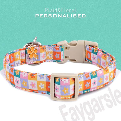 Faygarsle Floral Plaid Pattern Dog Collar, Spring Summer Design for Small Medium Large Dogs Multi-Color L