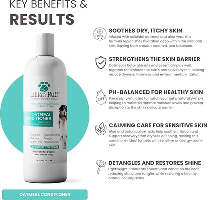 Lillian Ruff PRO Formula Oatmeal Dog Conditioner - Nourishing & Calming Relief for Allergies & Sensitive Skin - Detangles, Softens & Adds Shine with Oatmeal, Coconut Oil & Lavender - USA (16oz+Brush)