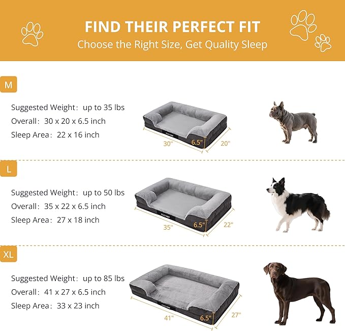 EGOHOME Durable Orthopedic Dog Bed for Large Dogs,Memory Foam Pet Bed with Sides, Non-Slip and Egg-Crate Charcoal Foam Dog Couch Bed with Waterproof Liner&Washable Removable Cover, Grey,41x27x6.5 Inch