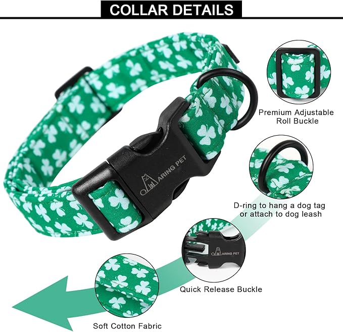 ARING PET St Patrick's Day Dog Collar, Cute Green Clovers Shamrock Pet Collars with Quick Release Buckle for Puppy Small Medium Large Boy Girl Dogs-S