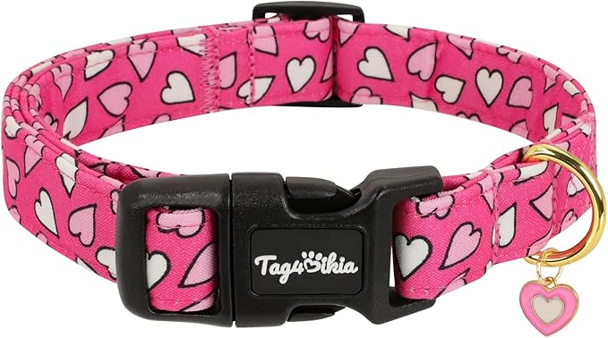 Valentines Dog Collar with Pink White Heart Pattern, Adjustable Small Dog Collar with Safety Buckle & Heart Charm, Spring Summer for Girl Boy Dogs-S