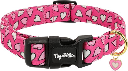 Valentines Dog Collar with Pink White Heart Pattern, Adjustable Small Dog Collar with Safety Buckle & Heart Charm, Spring Summer for Girl Boy Dogs-S
