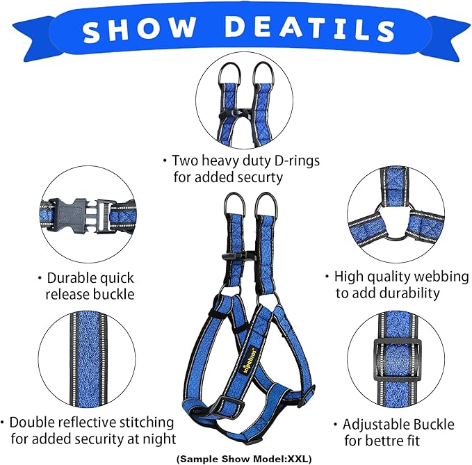 Xipebros No Pull Dog Harness with Reflective Adjustable,Stops Pets from Pulling and Choking On Walks for Large Dogs (Blue, XXL)