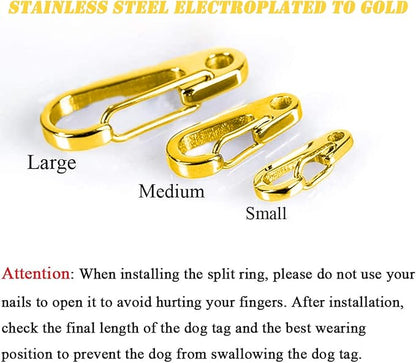 Dog Tag Clips / 2 Pack/Multiple Size 304 Stainless Steel Quick Clip with Rings/Easy Change Dog Cat ID Tag Holder for Small pet Collars and Harnesses.(2 Small Gold)