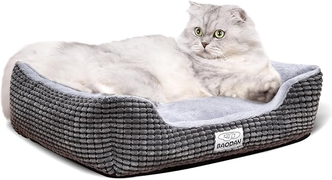 Baodan Small Dog & Cat Bed - Extra Soft, Washable, Non-Skid, Calming for Puppy & Kitten, Grey, 20 inches