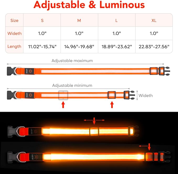 Vizpet LED Dog Collar, Light Up Dog Collar Adjustable USB Rechargeable Super Bright Safety Light Glowing Collars for Dogs(X-Large,Orange)
