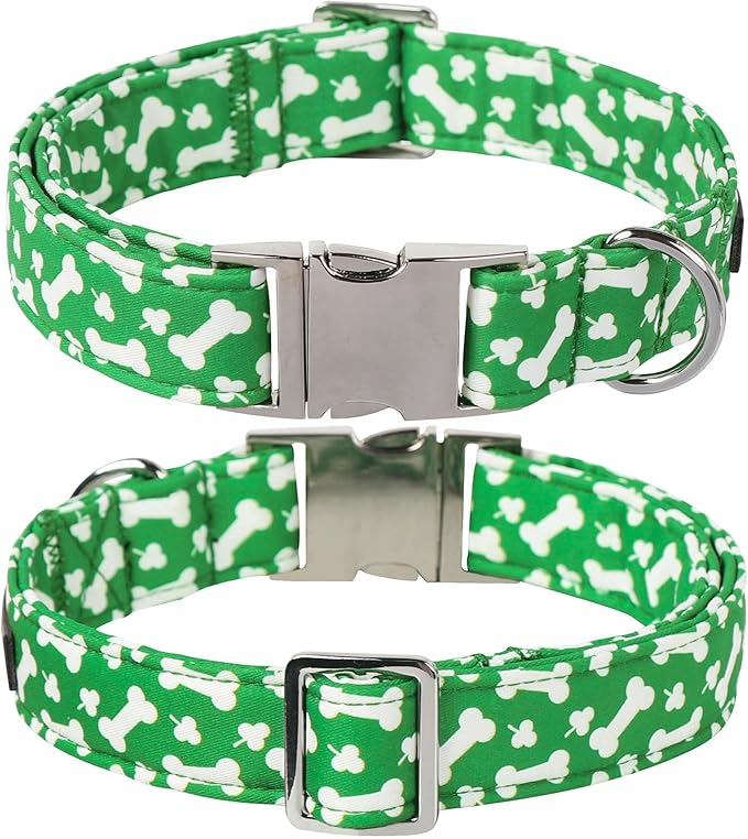 Lionet Paws St. Patrick Green Dog Collar, Bone Dog Collar for Small Dogs, Adjustable Cotton Clover Pet Puppy Collars for Small Dogs