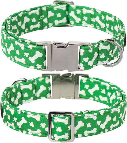 Lionet Paws St. Patrick Green Dog Collar, Bone Dog Collar for Small Dogs, Adjustable Cotton Clover Pet Puppy Collars for Small Dogs