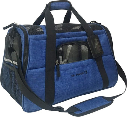 Airline Approved Pet Carrier, Tall Profile Soft Sided Luxury Travel Tote with Fleece Bedding, Premium Brand Auto Self Locking Zippers, Under Seat Compatibility, Perfect for Cats and Small (Deja Blue)