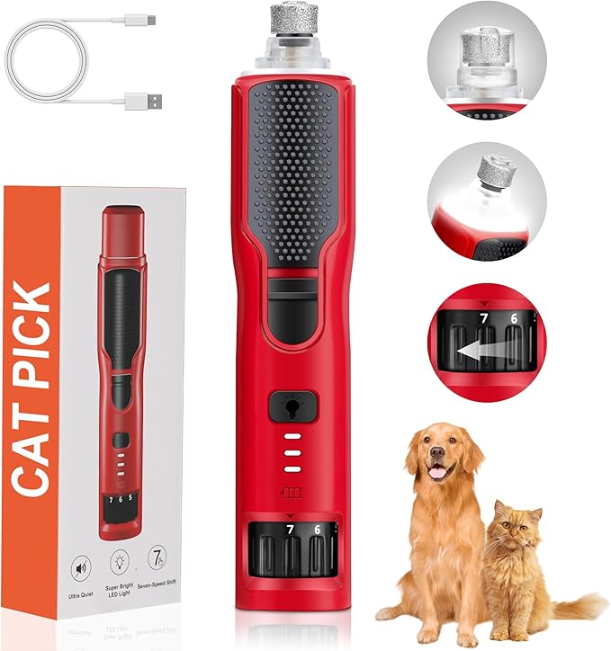 7-Speed Dog & Cat Nail Grinder with Light - Ring LED Safe to Avoid Overcut, Quiet Low Vibration & Powerful Fast, Cordless Rechargeable Toenail Trimmer for Small & Large Puppy & Breeds Paws(Red)