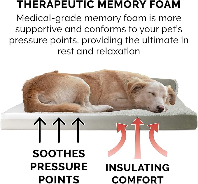 Furhaven Memory Foam Dog Bed for Large/Medium Dogs w/ Removable Bolsters & Washable Cover, For Dogs Up to 55 lbs - Two-Tone Plush Faux Fur & Suede L Shaped Chaise - Dark Sage, Large