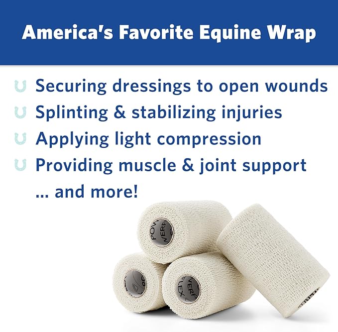 PowerFlex Equine – Extra Strong Self-Adhering Bandage Wrap – Wound Care, Compression & Support Bandage for Horses, Cows & Dogs – White, 4 inch, 4 Rolls (Resealable Case)