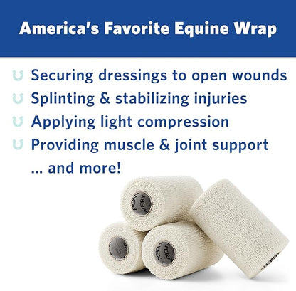PowerFlex Equine – Extra Strong Self-Adhering Bandage Wrap – Wound Care, Compression & Support Bandage for Horses, Cows & Dogs – White, 4 inch, 4 Rolls (Resealable Case)