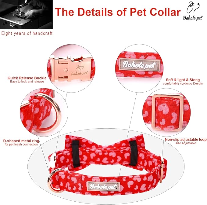 Valentines Dog Collar with Bow Tie, Pink Red Love Male Dog Collar with Safety Metal Buckle Adjustable Puppy Collars for Small Medium Large Boy & Girl Dog,M-Neck 13.5"-22"