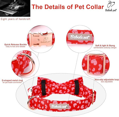 Valentines Dog Collar with Bow Tie, Pink Red Love Male Dog Collar with Safety Metal Buckle Adjustable Puppy Collars for Small Medium Large Boy & Girl Dog,M-Neck 13.5"-22"
