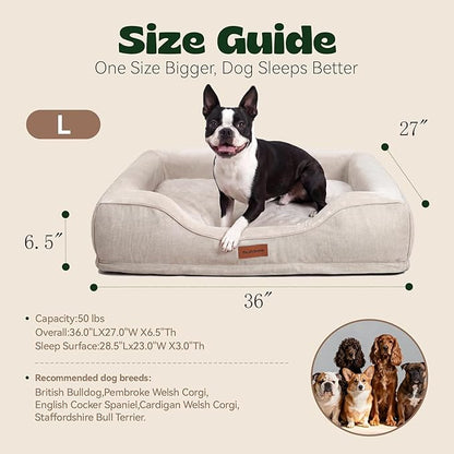 Cooling Dog Beds for Large Dogs with Removable Faux Fur Washable Covers,Waterproof Orthopedic Pet Couch Bed with Cool Gel Memory Foam and Bolster Side for Senior Pets,36" x 27" x 6.5" Beige
