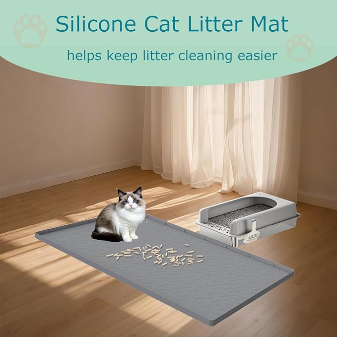 Jacooxi Cat Litter Mat for Litter Box, Silicone Large Cat Litter Trapping Mat - 34x22 in, Waterproof & Non-Slip, Durable & Easy Clean, Gray