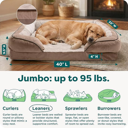 Furhaven Memory Foam Dog Bed for Large Dogs w/ Removable Bolsters & Washable Cover, For Dogs Up to 95 lbs - Plush & Velvet Waves Perfect Comfort Sofa - Brownstone, Jumbo/XL